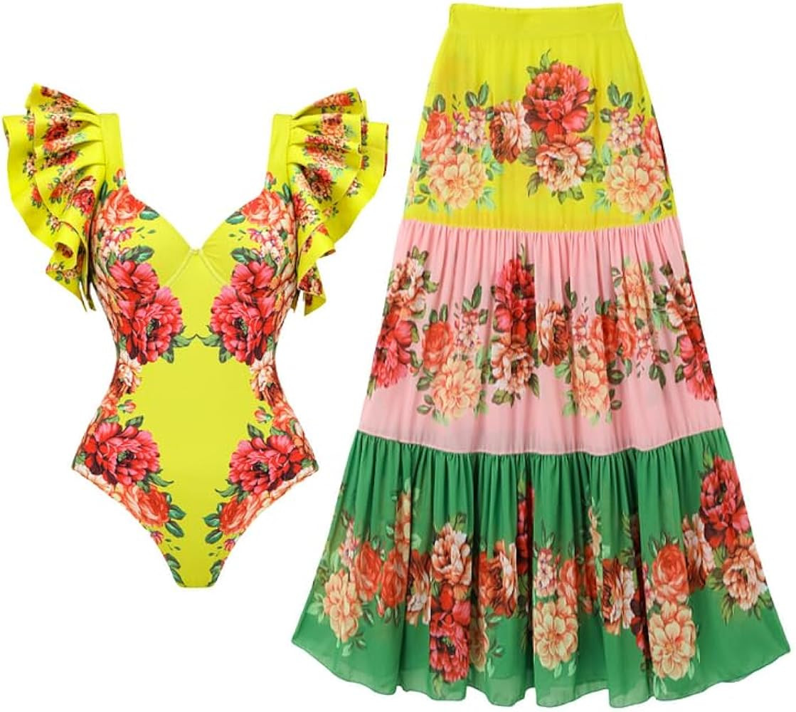 FLAXMAKER Shoulder Three-Dimensional Ruffles Colorful Flower Print Women's One Piece Swimsuit and... | Amazon (US)