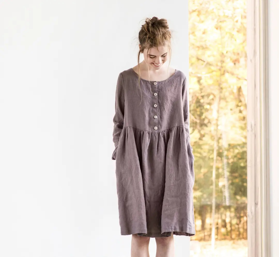 MAMA Linen Dress in MIDI Length / Long Sleeves and Front - Etsy | Etsy (US)