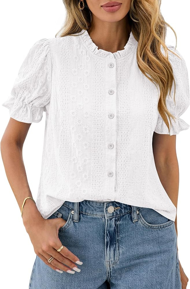 PRETTYGARDEN Womens Puff Short Sleeve Tops 2026 Summer Spring Button Down Boho Embroidered Cute B... | Amazon (US)