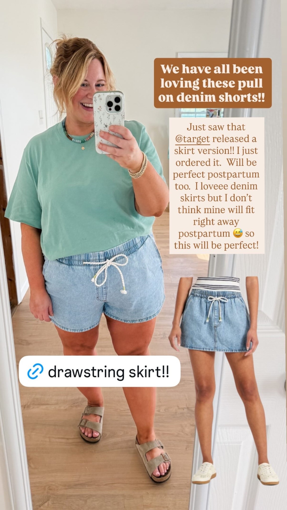 Just saw that @target released a skirt version!! I just ordered it.  Will be perfect postpartum too.  I loveee denim skirts but I don’t think mine will fit right away postpartum 😅 so this will be perfect! We have all been loving these pull on denim shorts!!