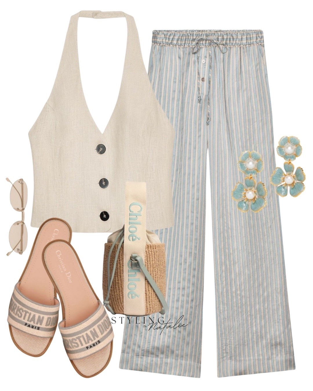Summer comfy casual outfit, stripe satin drawstring trousers, linen halter vest/waistcoat, Chloe bucket crossbody bag, Dior sandals, fendi sunglasses, flower earrings. Summer look, vacation outfit, zara style, pull on pants, comfy chic everyday outfit 

#LTKsummer #LTKuk #LTKstyletip