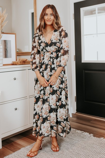 V-Neck Cutout Black Floral Maxi | Magnolia Boutique