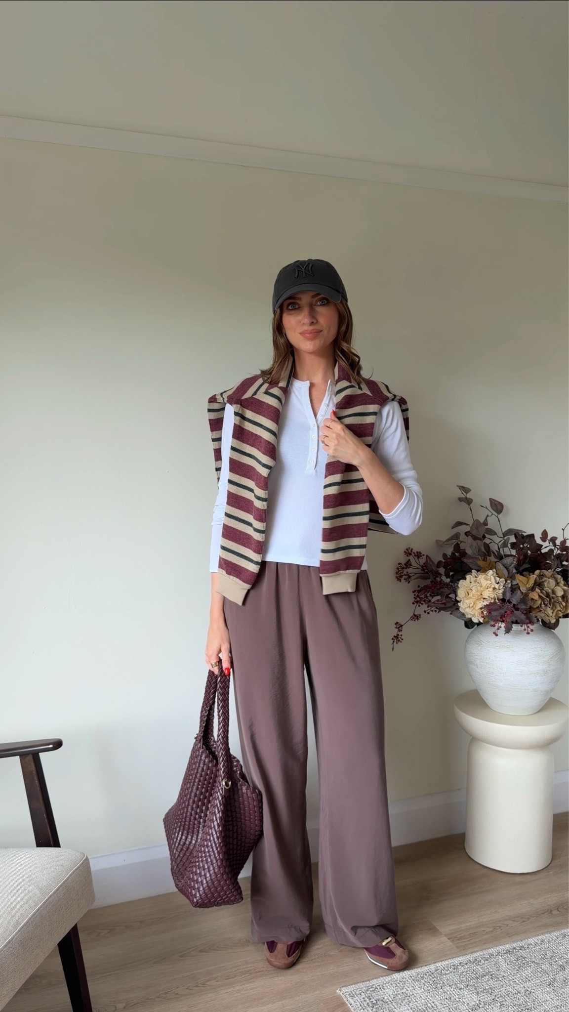Brown trouser outfits for Early autumn
Anything from Abercrombie use my code: AFEMILY for an extra 15% off 
Small in the Abercrombie white Henley t-shirt
Small in the Adidas striped rugby style shirt (draped over shoulder)
New Era NYC cap
Small Long in the Abercrombie brown trousers - I’m 5 ft 6
Adidas SL 72 trainers
Dune deliberate bag in burgundy