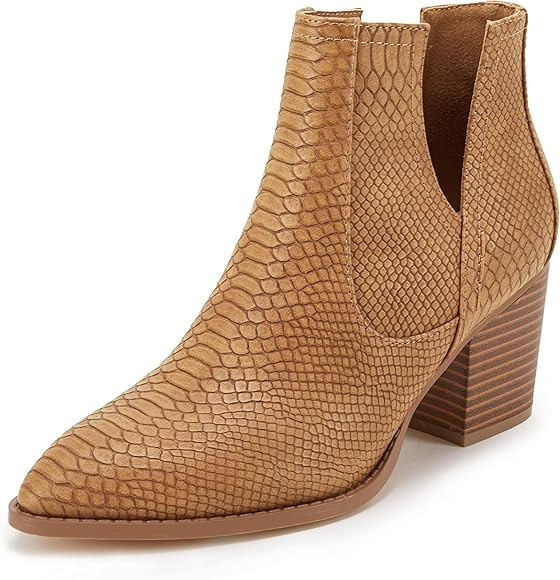 FISACE Womens Pointed Toe Stacked Mid Heel Ankle Boots V Cut Back Zipper Faux Leather Booties | Amazon (US)