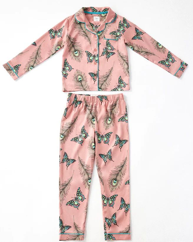 Kids' Blush Butterfly & Peacock Satin Button Up Long Pyjama Set | Chelsea Peers NYC