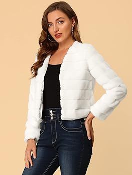 Allegra K Women's Winter Warm Cropped Jacket Collarless Faux Fur Fluffy Coat | Amazon (US)