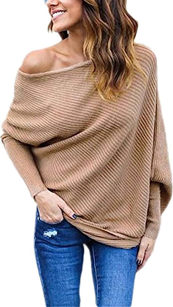 Women's Off Shoulder Batwing Sleeve Loose Pullover Sweater Knit Jumper Oversized Tunics Top | Amazon (US)