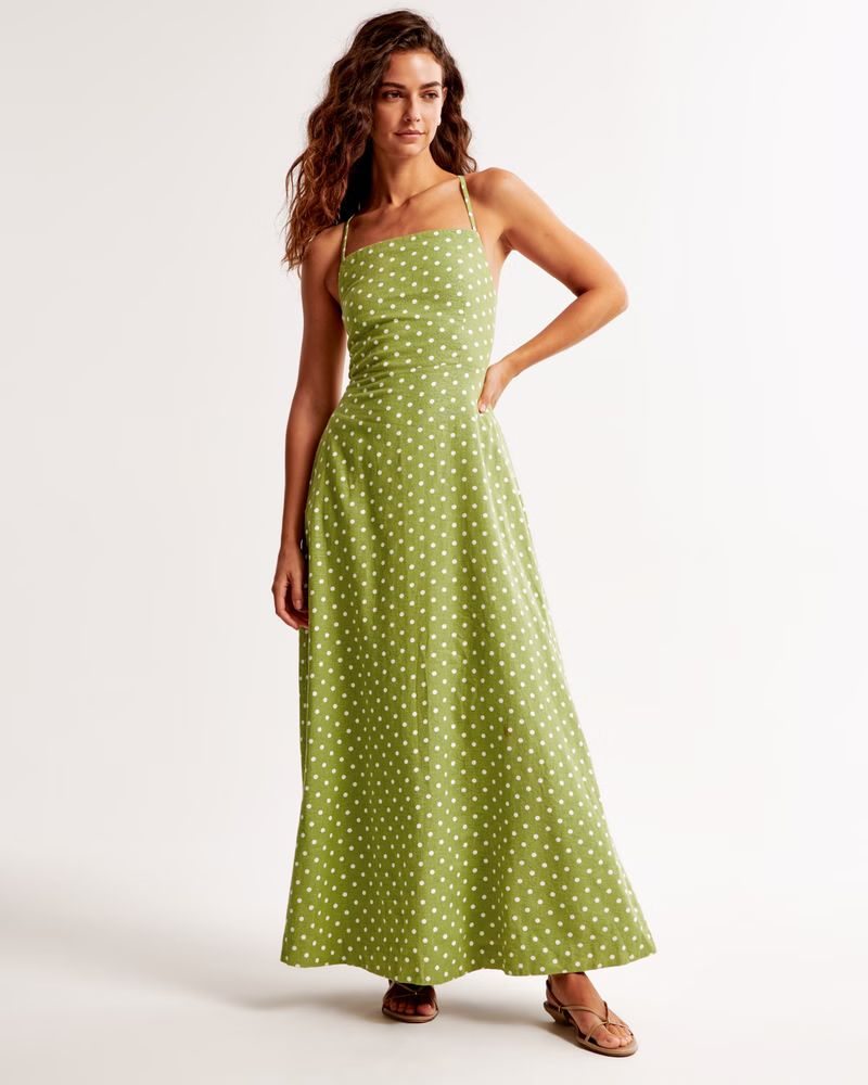 Lace-Up Linen-Blend Maxi Dress | Green Maxi Dress | Olive Green Dress | Light Green Dress | Abercrombie & Fitch (US)