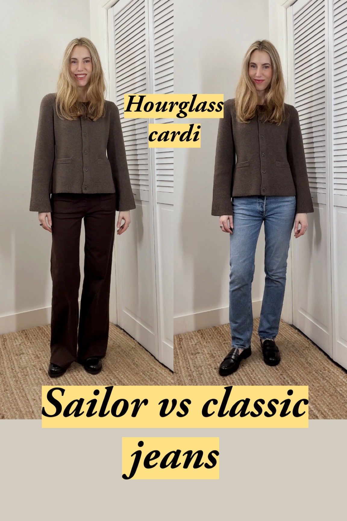 Wearing the structured cardigan in size small, and I love the easygoing hourglass shape a lot. My jeans are the usual size 26. Which do you prefer? 🤩 classic style | cardigan | quince | cashmere | sailor jeans | loaferss

#LTKMostLoved #LTKStyleTip #LTKFindsUnder50