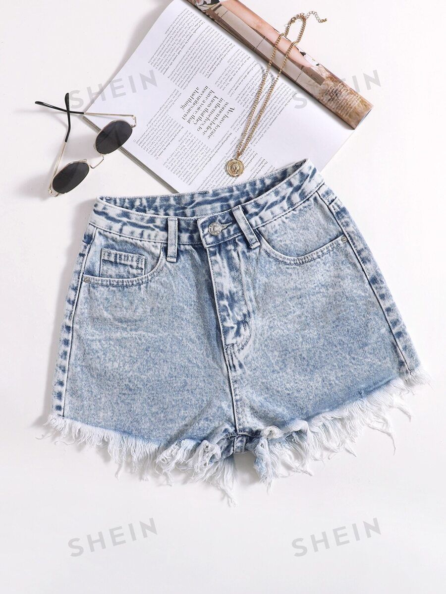 SHEIN Raw Hem Denim Shorts | SHEIN