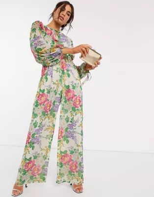 ASOS DESIGN shirred waist wide leg jumpsuit in vintage floral print | ASOS (Global)