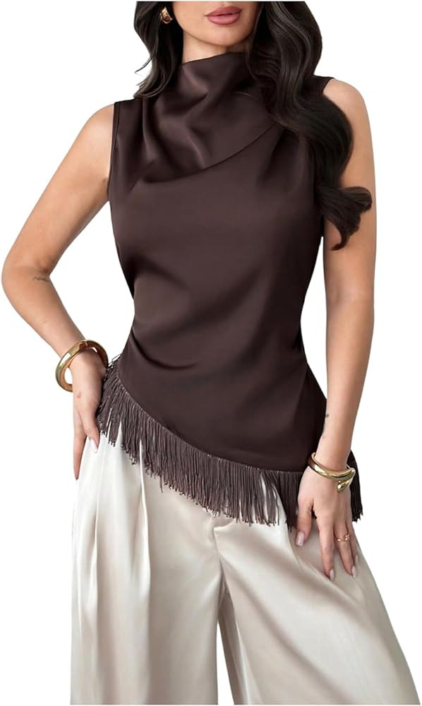 Floerns Women's Fringe Satin Cowl Neck Asymmetrical Tank Tops | Amazon (US)