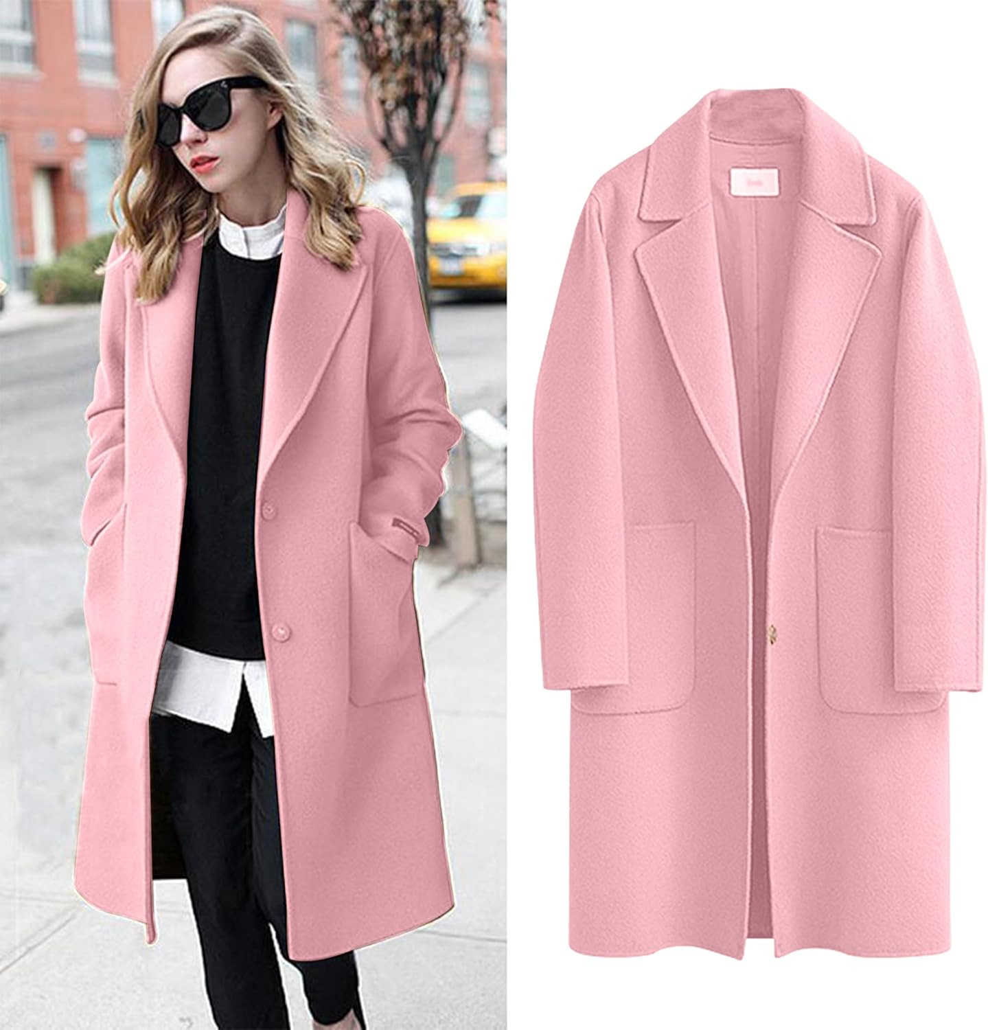 Omoone Women's Notched Lapel Wool Coats Mid Long Button Pea Coats Warm Thicken Trench Jacket | Amazon (US)