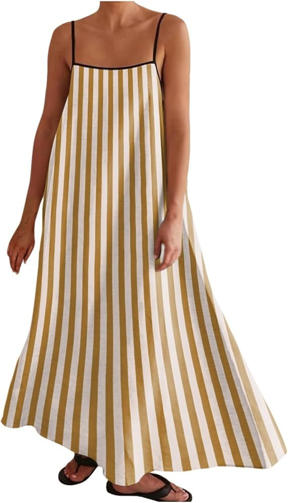 Womens Linen Maxi Dress Contrast Trim Spaghetti Straps Summer Outfits Travel Vacation Sleeveless ... | Amazon (US)