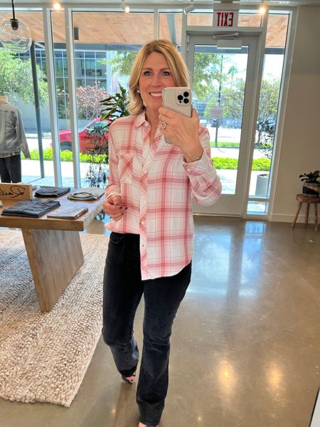 Breast cancer awareness plaid shirt.  $40 of every shirt sold goes to the Susan G Koman foundation. Great charity! Plaid goodness. Super soft. Roomy fit. Runs tts. Love the pink! 

#LTKover40 #LTKSeasonal #LTKworkwear
