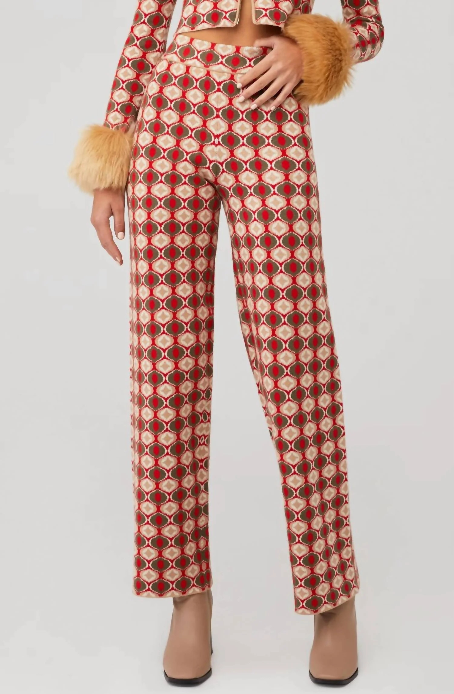 Zermatt Sweater Pant In Brown Geo Jacquard W Faux Fur | Shop Simon