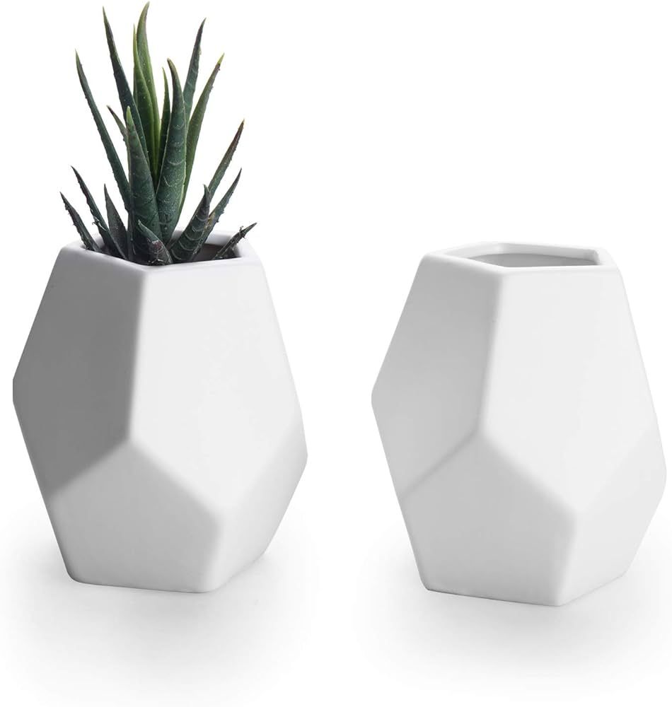 MyGift Modern Planters - Matte White Ceramic Geometric Flower Vases, 4.5 inch Succulent Planter Pot, | Amazon (US)