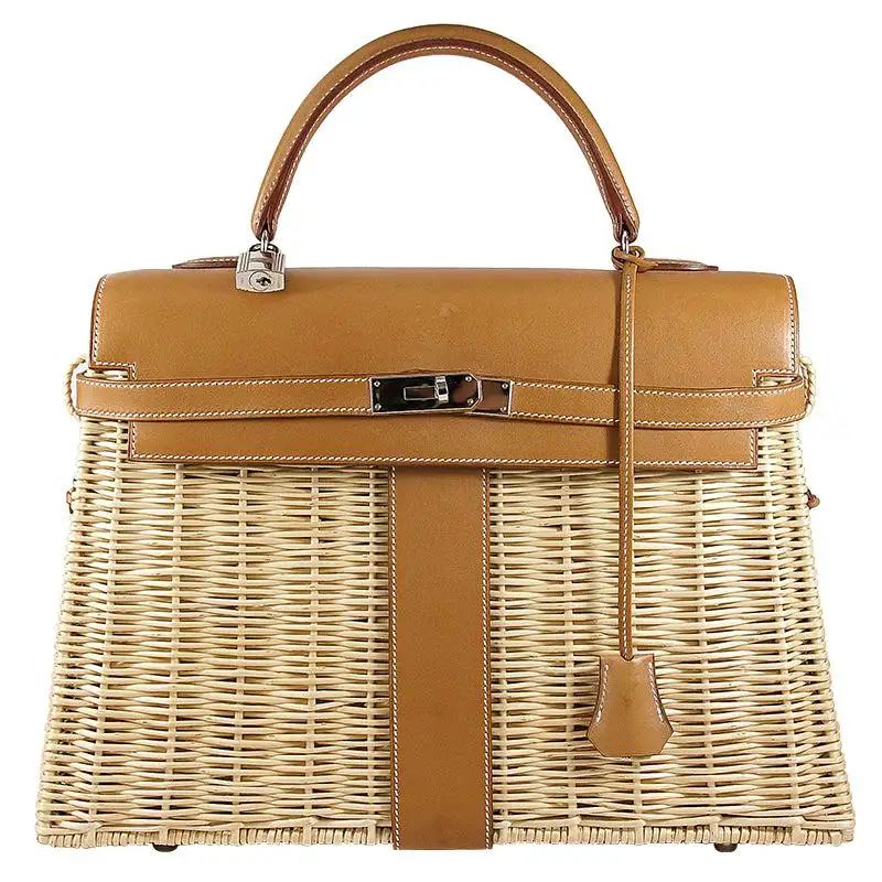 HERMES 35cm Barénia Fauvre Straw Kelly Picnic Bag Natural | 1stDibs