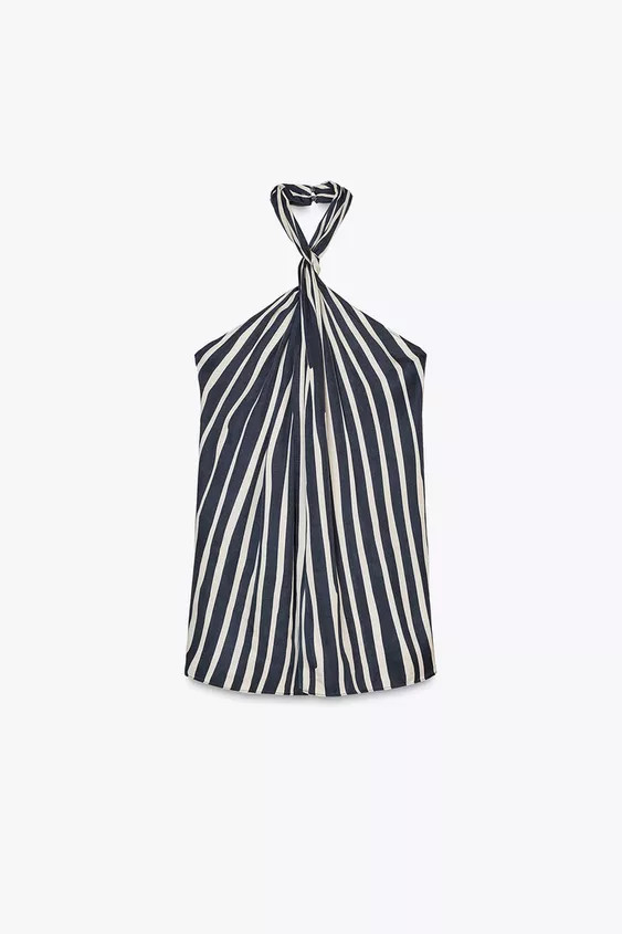 ZARA WOMAN COLLECTIONHalterneck top with an open back, contrast stripe detail and button fastenin... | Zara UK