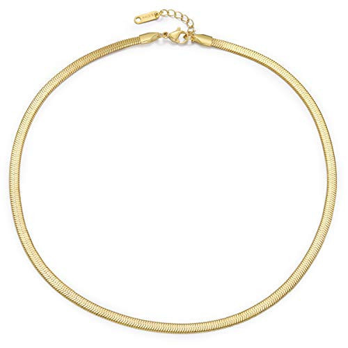 Herringbone Chain Necklace for Women 14k Gold Plated Flat Snake Chain Necklace 4MM Snake Bone Chain Choker Dainty Minimalist Chain for Lady 16 Inches | Amazon (US)
