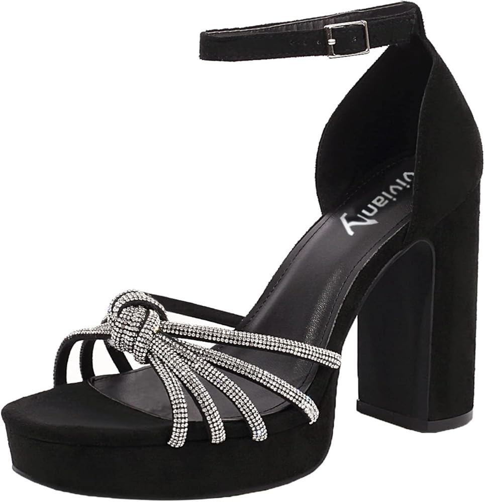 vivianly Women's Rhinestone Platform Chunky Heels Square Toe Suede High Heeled Sandals Ankle Stra... | Amazon (US)