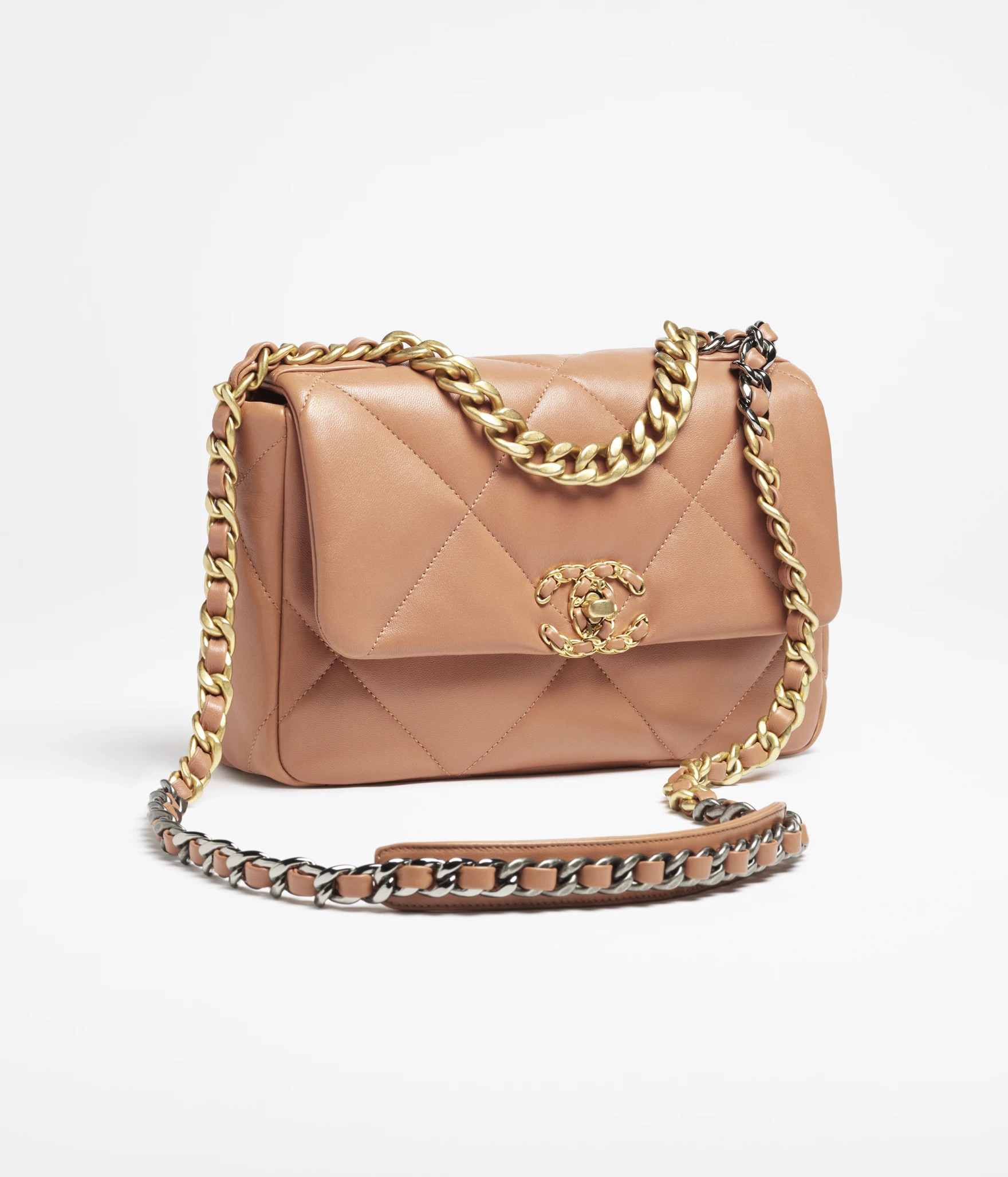 Chanel 19 handbag, Shiny lambskin, gold-tone, silver-tone & ruthenium-finish metal, camel — Fas... | Chanel, Inc. (US)