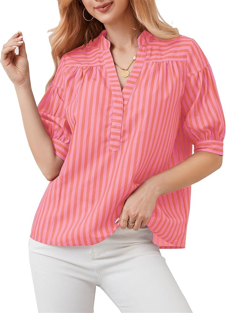 Women Striped Short Puff Sleeve Blouse Shirts V-Neck Loose Fit Summer Casual Work Office Tops Tre... | Amazon (US)