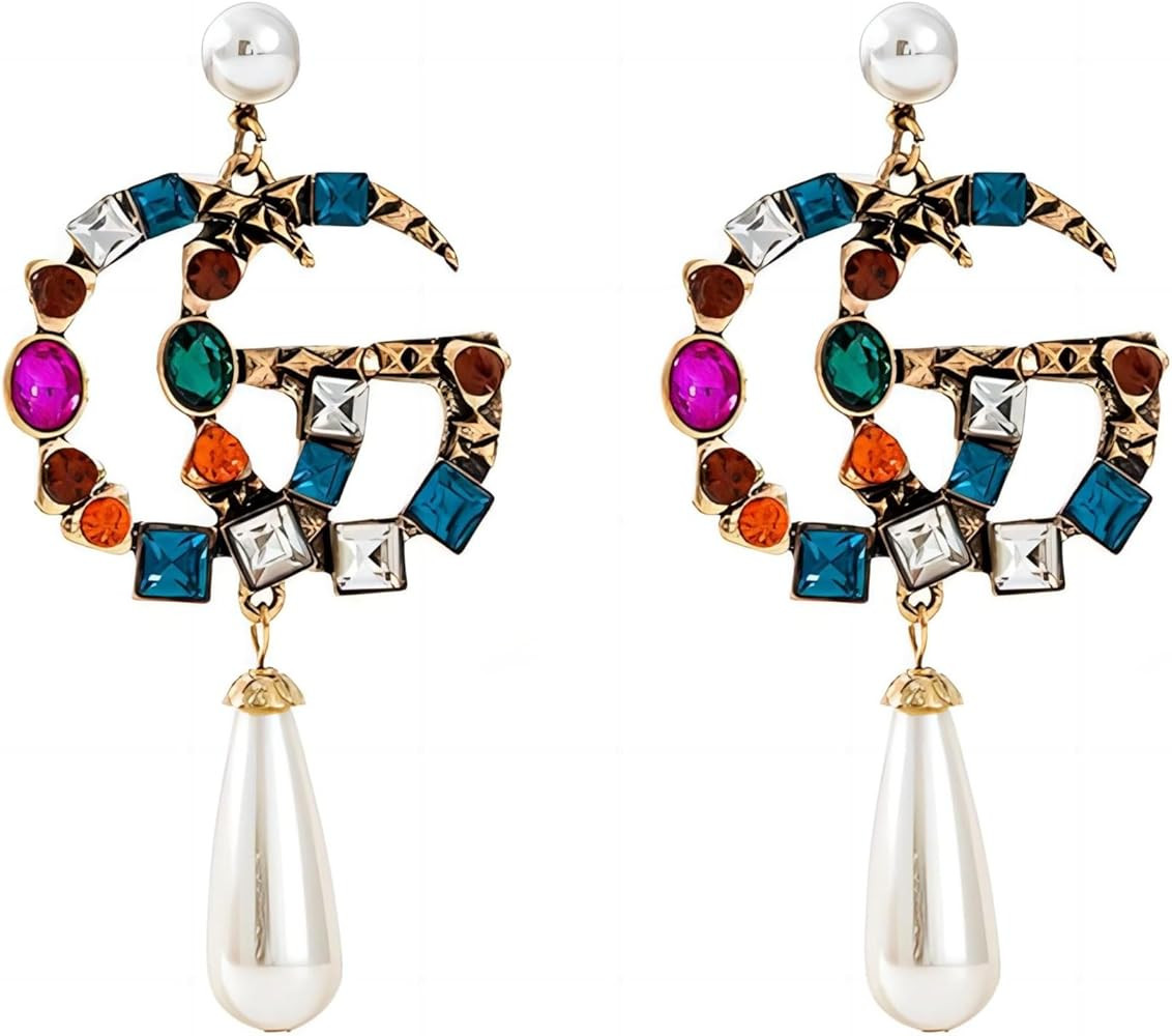 Fashionable G Alphabet Pearl Earrings with Colorful Crystal Diamond Letter Pendant for Women Stud... | Amazon (US)