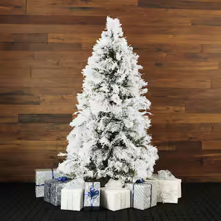 12-ft. Pre-Lit Snow Flocked Snowy Pine Artificial Christmas Tree, Smart Lights | The Home Depot