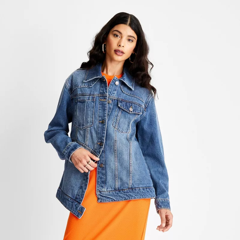 Women's Asymmetrical Jean Jacket - Future Collective™ with Kahlana Barfield Brown Blue Denim | Target