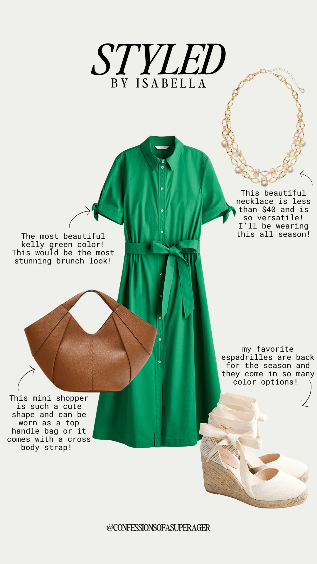 Step into the vibrant energy of the season with this perfect look! I am absolutely in love with this stunning kelly green shirt dress—the tie-front waist and sleeve bow details make it the ultimate flattering option for weekend brunch, vacation style, or a casual garden party. To keep this bright ensemble grounded and elegant, I styled it with a chic tan leather mini shopper tote that can be worn as a top-handle bag or a casual crossbody, alongside a gorgeous layered gold and pearl link necklace that is a total steal for less than $40. I completed this timeless, preppy look with my absolute favorite cream tie-up espadrille wedge sandals, which add the perfect touch of comfortable height for all-day wear.

#LTKootd #LTKSeasonal #LTKOver40