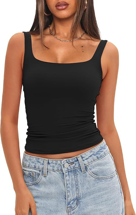 Darong Women's Padded Square Neck Tank Tops Built in Bra Summer Double Layer Basic Sleeveless Tan... | Amazon (US)