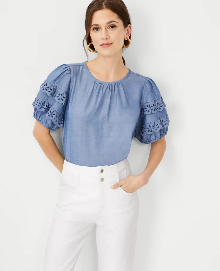 Chambray Eyelet Ruffle Sleeve Top | Ann Taylor (US)