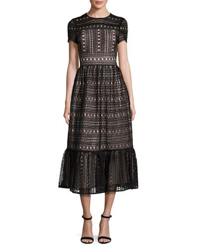 short-sleeve lace midi dress, black | Neiman Marcus