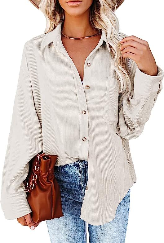 Women Corduroy Button Down Shacket Casual Shirt Jacket Long Sleeve Boyfriend Blouses Tops Beige a... | Amazon (US)