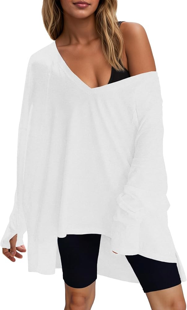 Fisoew Womens Long Sleeve Workout Tops Oversized Activewear Tunic V Neck Atheletic Yoga Shrits wi... | Amazon (US)