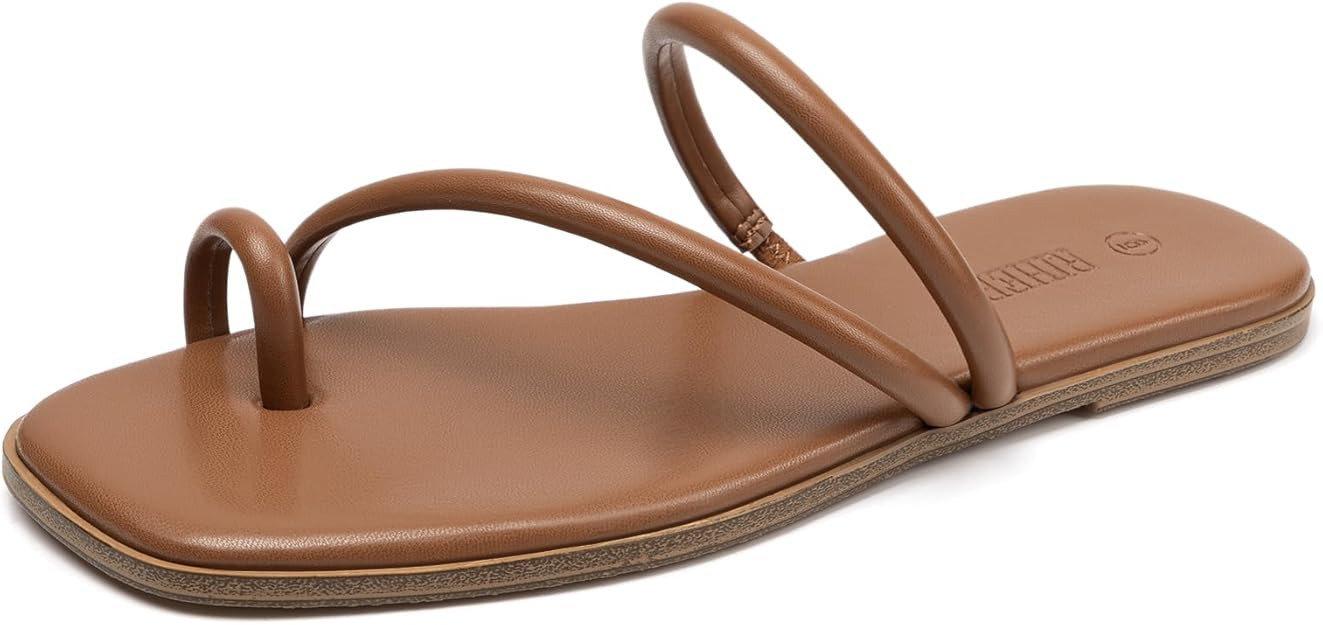 Rihero Women's Slide Sandals Comfortable Square Toe Beach Slip On Strappy Thong Flat Sandals | Amazon (US)