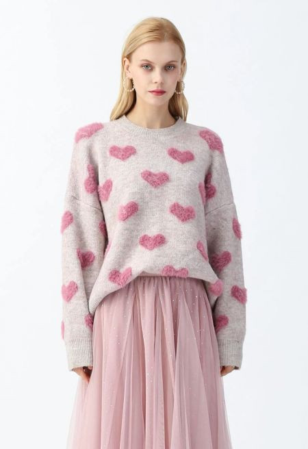 Heart Sweaters, Valentine Day Sweater, Contrast Color Fuzzy Hearts Knit Sweater | Chicwish