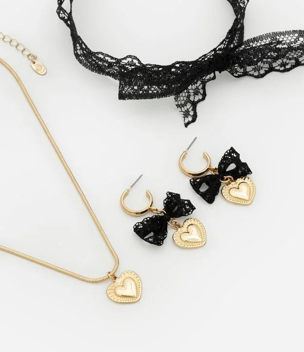 Conjunto de Colar e Brinco com Fita Rendada e Pingente de Coração Dourado - Lojas Renner | Renner (BR)
