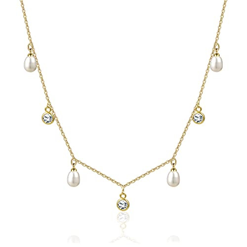 Cowlyn 14K Gold Plated Cultured Pearl Chain Necklace Choker Tassel Cubic Zirconia Pendant Jewelry fo | Amazon (US)