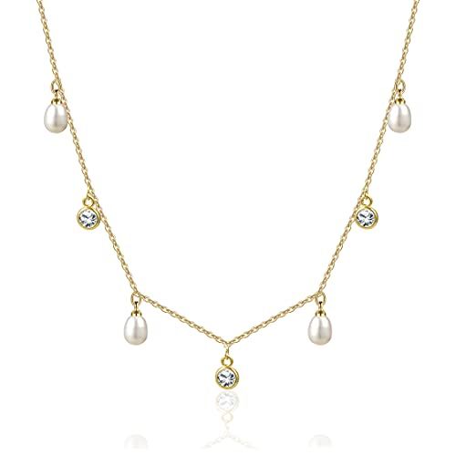 Cowlyn 14K Gold Plated Cultured Pearl Chain Necklace Choker Tassel Cubic Zirconia Pendant Jewelry fo | Amazon (US)