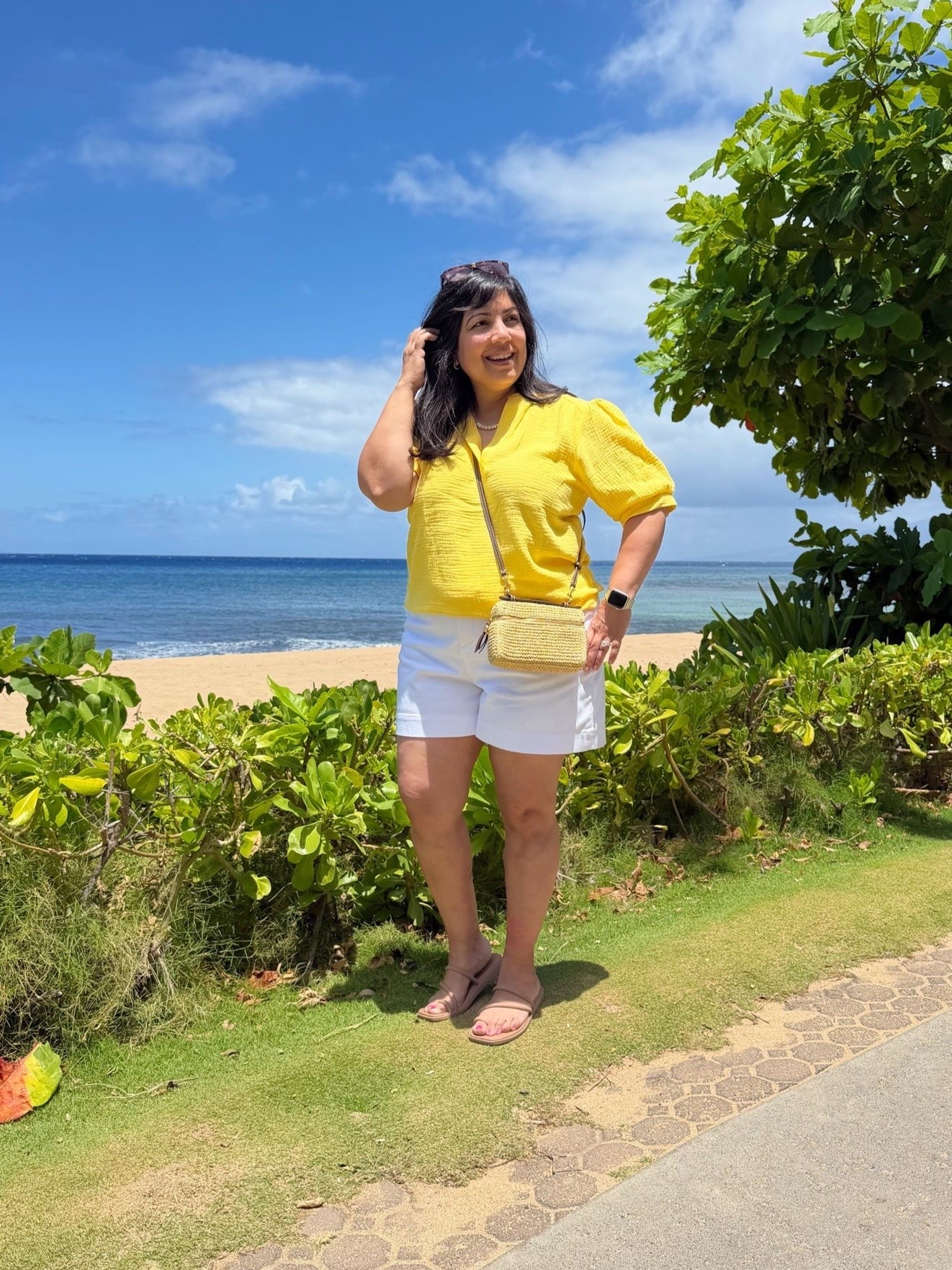 Summer outfit for a beach vacation! Love this soft gauze top that’s light and airy and perfect for hot summer days. Available in lots of beautiful colors including this bright, happy shade of yellow! 

Avara top size large. Spanx white shorts size XL. Crocs sandals. Madewell sunglasses. Tory Burch raffia crossbody bag.

Summer outfits, midsize petite outfit, summer vacation outfits beach, beach vacation outfits, what to wear in Maui Hawaii

#LTKOver40 #LTKMidsize #LTKPetite