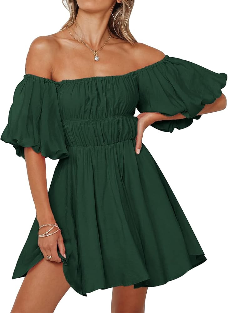 MIHOLL Womens Summer Sexy Off Shoulder Puff Sleeve Ruffled Casual Mini Dress | Amazon (US)