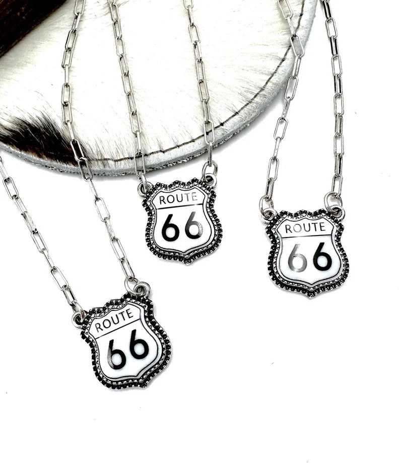 17" Route 66 Road Sign Pendant Necklace, Rt. 66 Road Trip Boho Chic Necklace, Short Western Vinta... | Etsy (US)