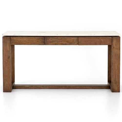 Tony Modern White Marble Tabletop Brown Acacia Wood 6 Drawer Kitchen Island | Kathy Kuo Home