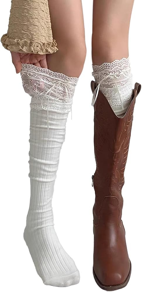 White Knee High Socks, Lace Ruffle Cute Sock Lolita Stockings Kawaii Lace Top Thin Socks for Girl... | Amazon (US)