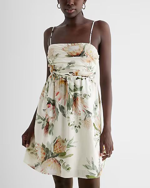 Linen-Blend Floral Ruched Mini Babydoll Dress | Express