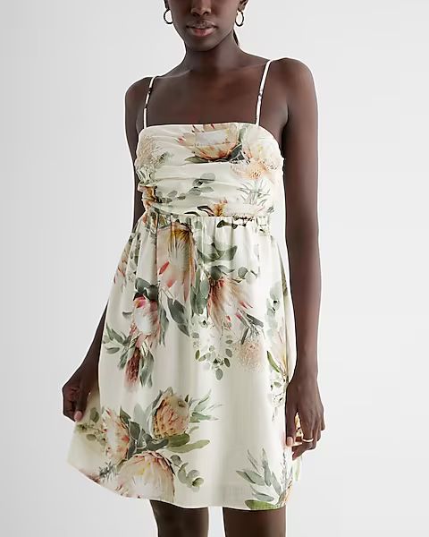 Linen-Blend Floral Ruched Mini Babydoll Dress | Express (Pmt Risk)