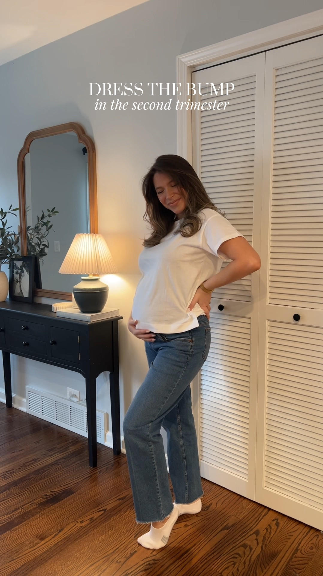 size medium in white tee
size 27 in denim maternity jeans — id recommend sizing down in the jeans!

pregnancy style | maternity style | bump friendly outfits | get dressed with me | second trimester outfits

#LTKFindsUnder50 #LTKWatchNow #LTKBump