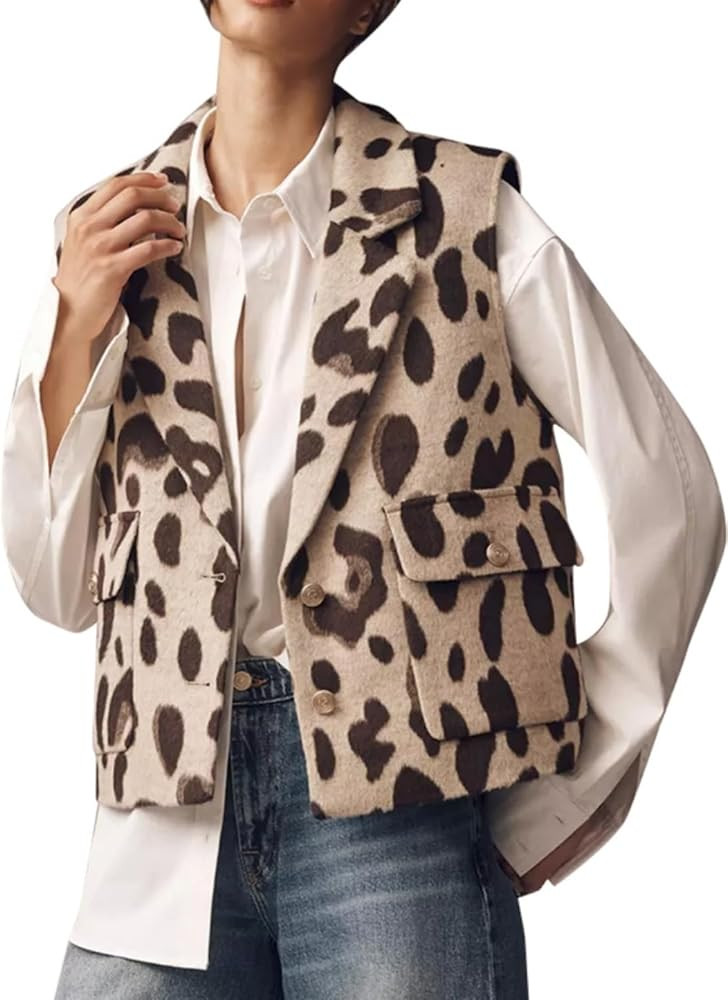Leopard Flannel Vest Women Casual Cheetah Sleeveless Blazer Winter Button Down Jacket with Pocket... | Amazon (US)